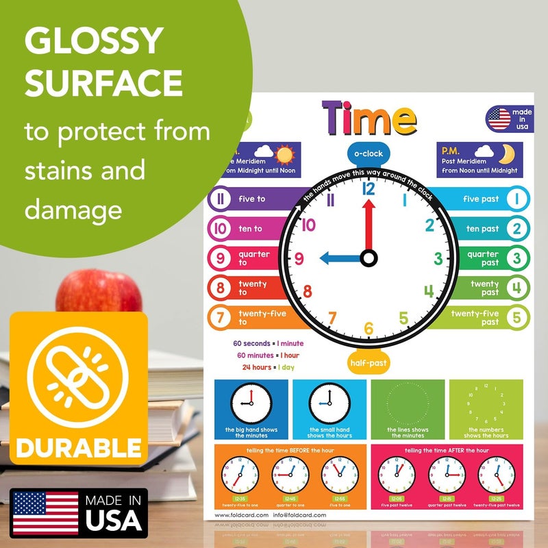 FoldCard Time Chart for Preschool to Grade 1 Kids – Learn How to Tell the Time – Colorful Educational Visual/Learning Aid Poster for Classroom or Home | Glossy Durable Cardstock | 8.5" x 11" | 5 per Pack - Image 3